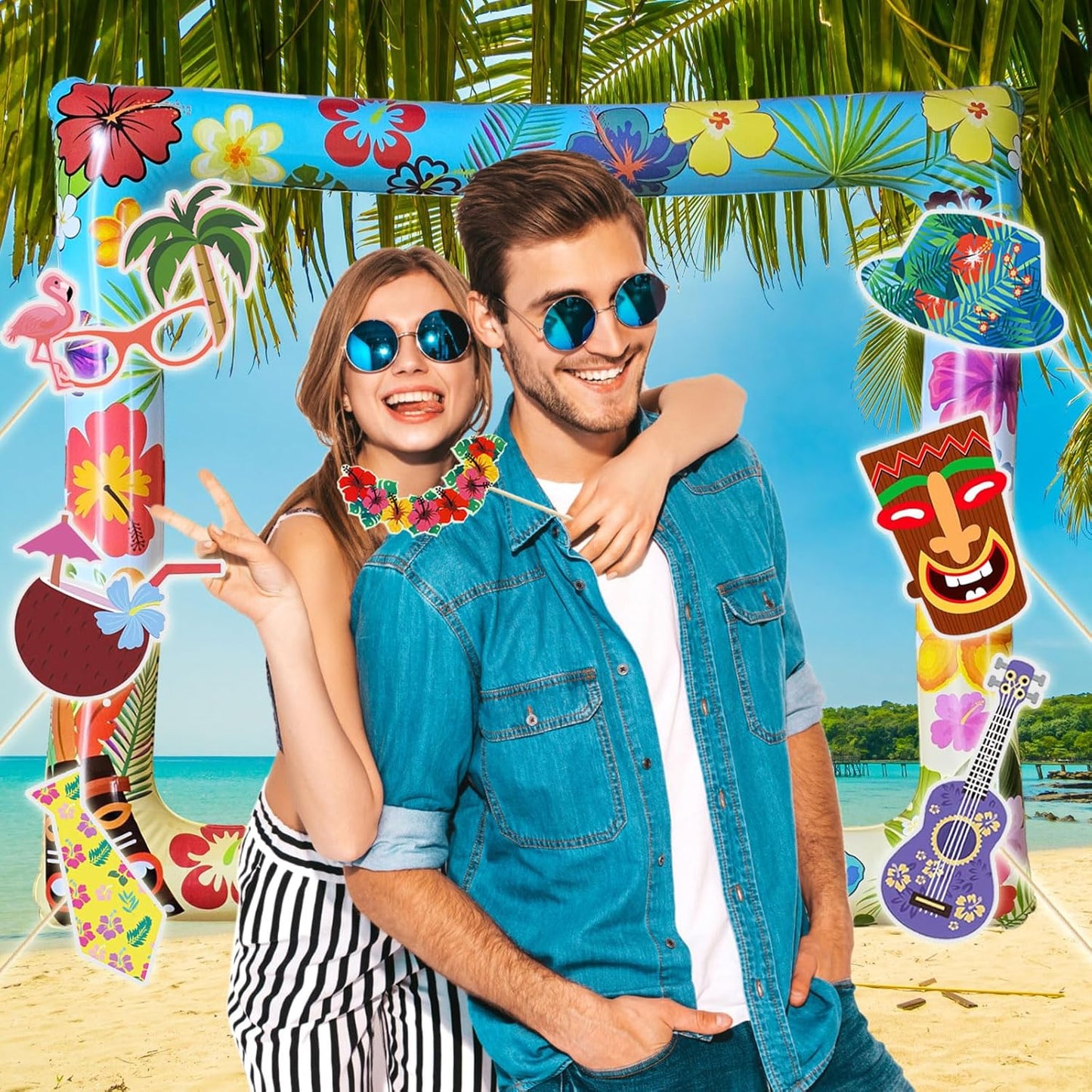37Pcs Aloha Luau Party Inflatable Selfie Photo Frame & Photo Booth Props Set Hawaiian Party Selfie Props for Pictures and Decorations Summer Tropical Flamingo Tiki Birthday Party Supplies