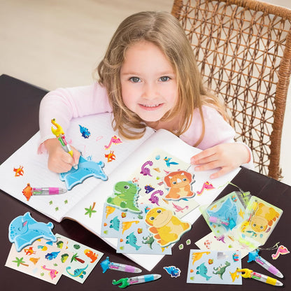 CY2SIDE Dinosaur Stationery Party Gift - 24 Pack Back to School Gifts Set Include 4-in-1 Ballpoint Pens Sticky Notes Stickers & Organza Dino Animal Party Favors Goodie Bag Fillers for Classroom Prizes