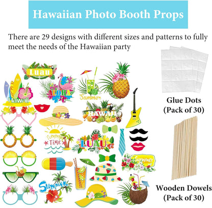 Hawaiian Party Photo Booth Props Kit, 30 PCS Luau Photo Booth Props with Large Inflatable Selfie Picture Frame for Hawaiian Tropical Tiki Summer Pool Party Supplies