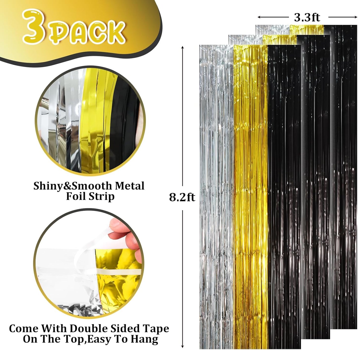 Voircoloria 3 Pack 3.3x8.2 Feet Gold Foil Fringe Backdrop Curtains, Tinsel Streamers, Fringe Backdrop for 2025 New Years Eve, Graduation, Birthday, Baby Shower, Gender Reveal, Disco Party - Colors A
