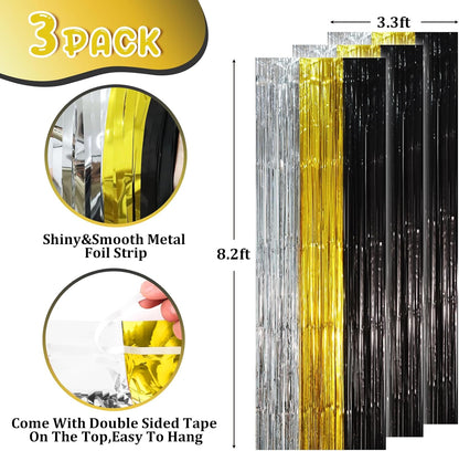 Voircoloria 3 Pack 3.3x8.2 Feet Gold Foil Fringe Backdrop Curtains, Tinsel Streamers, Fringe Backdrop for 2025 New Years Eve, Graduation, Birthday, Baby Shower, Gender Reveal, Disco Party - Colors A