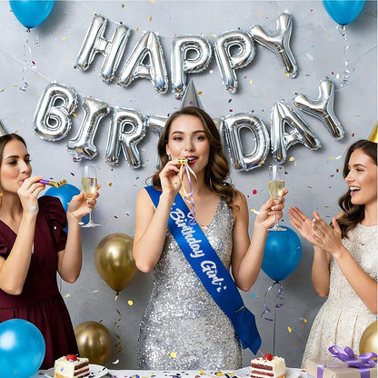 ‘Birthday Girl' Birthday Sash Royal Blue with Glitter Silver Letters Birthday Sash for Women, Sweet 16, 18th 21st B-day Sash