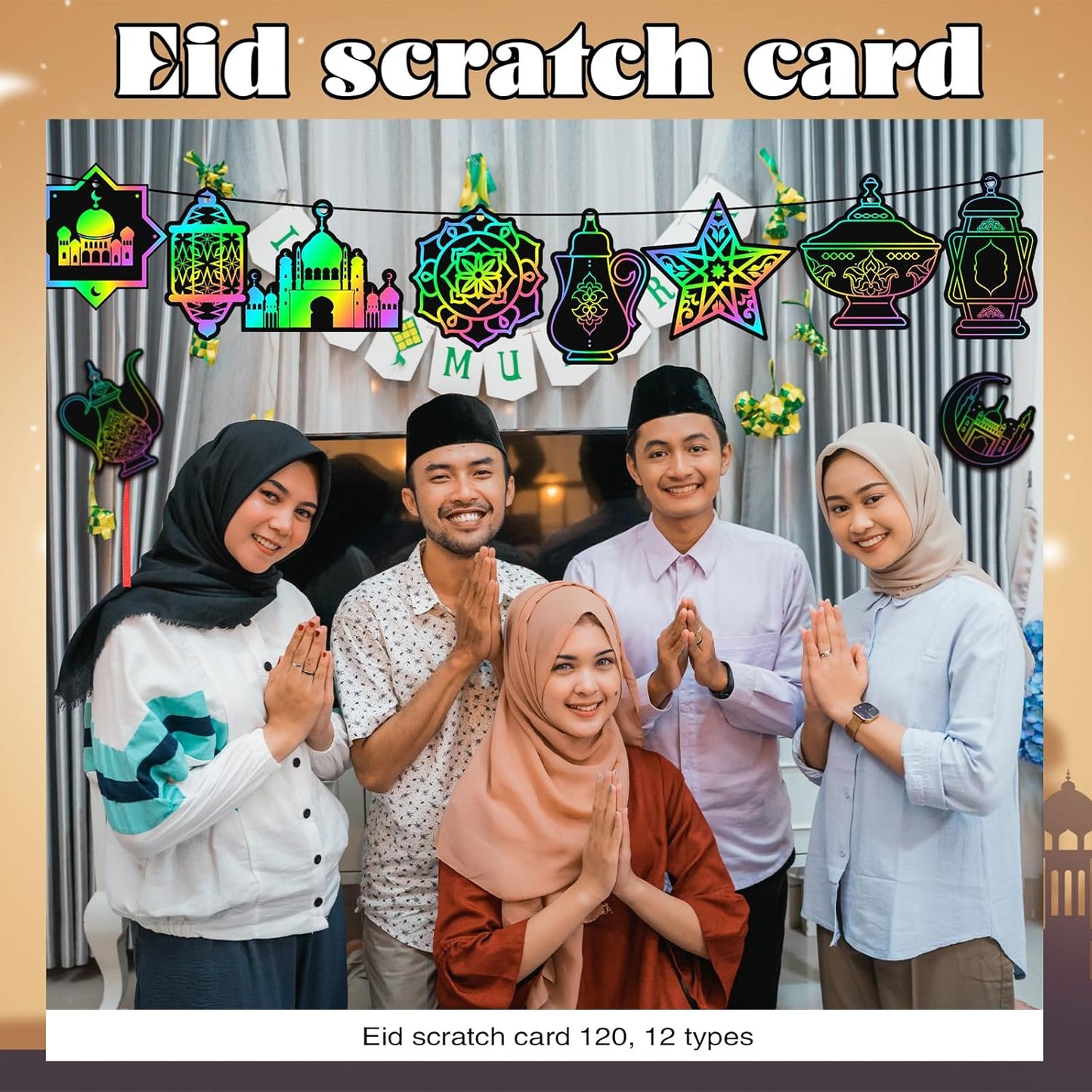 Deekin 120 Pcs Eid Scratch Paper Set Ramadan Crafts Scratch Cards Hanging Ramadan Gifts Eid Magical Party Activities DIY Art Painting Project Supplies