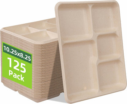 WELLIFE 100% Compostable 5 Compartment Paper Plates, 100 Pack Disposable School Lunch Trays Divided Plates for Adult Youth, 12.5 * 8.6 inch Heavy Duty Eco-Friendly Bagasse Plate for Buffet and Party
