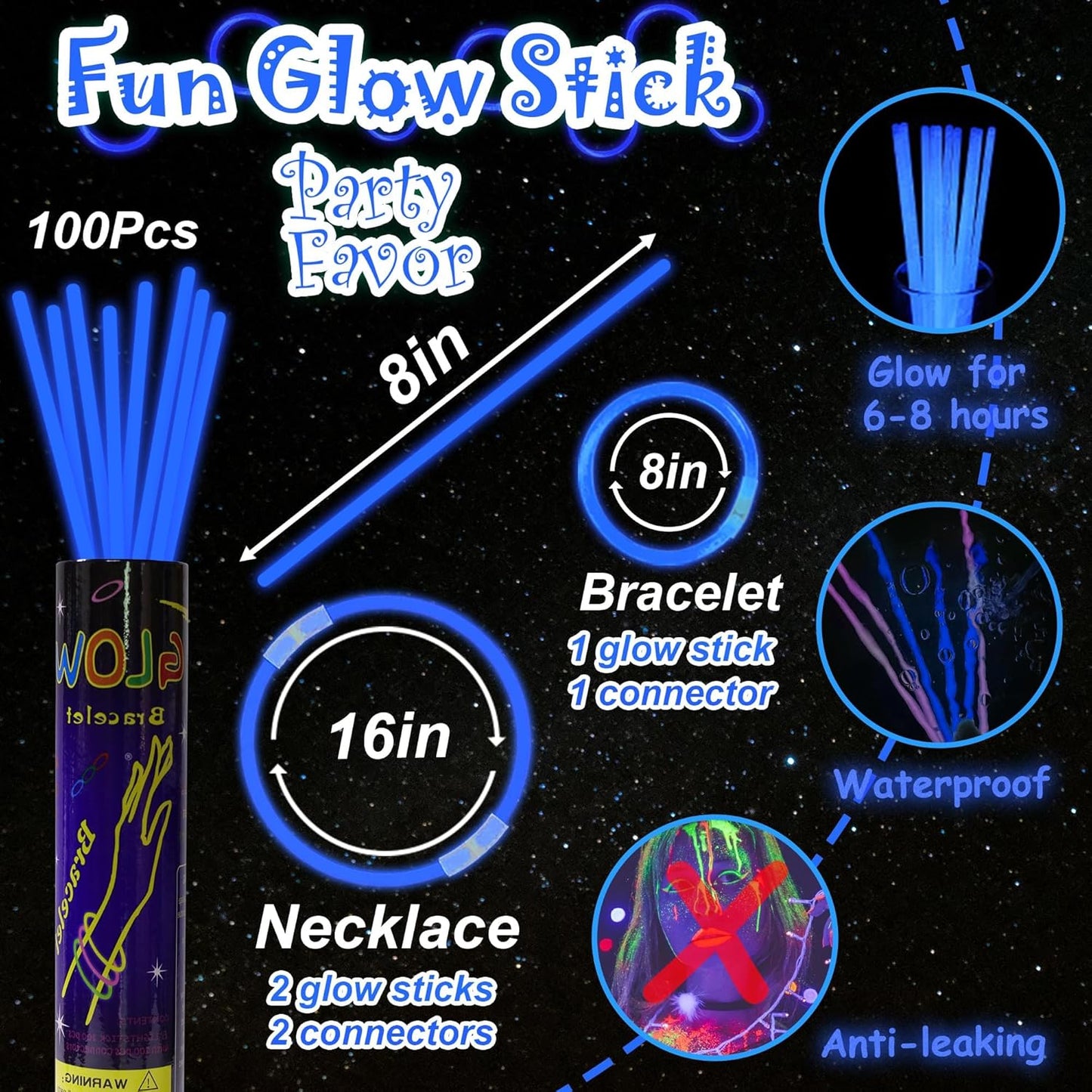 100 pk 8" Glow Sticks Bulk Party Favors, Light up Glow Necklaces & Bracelets in the Dark Party Supplies For Christmas Halloween 4th of July Birthday Neon Party (100 * Blue)