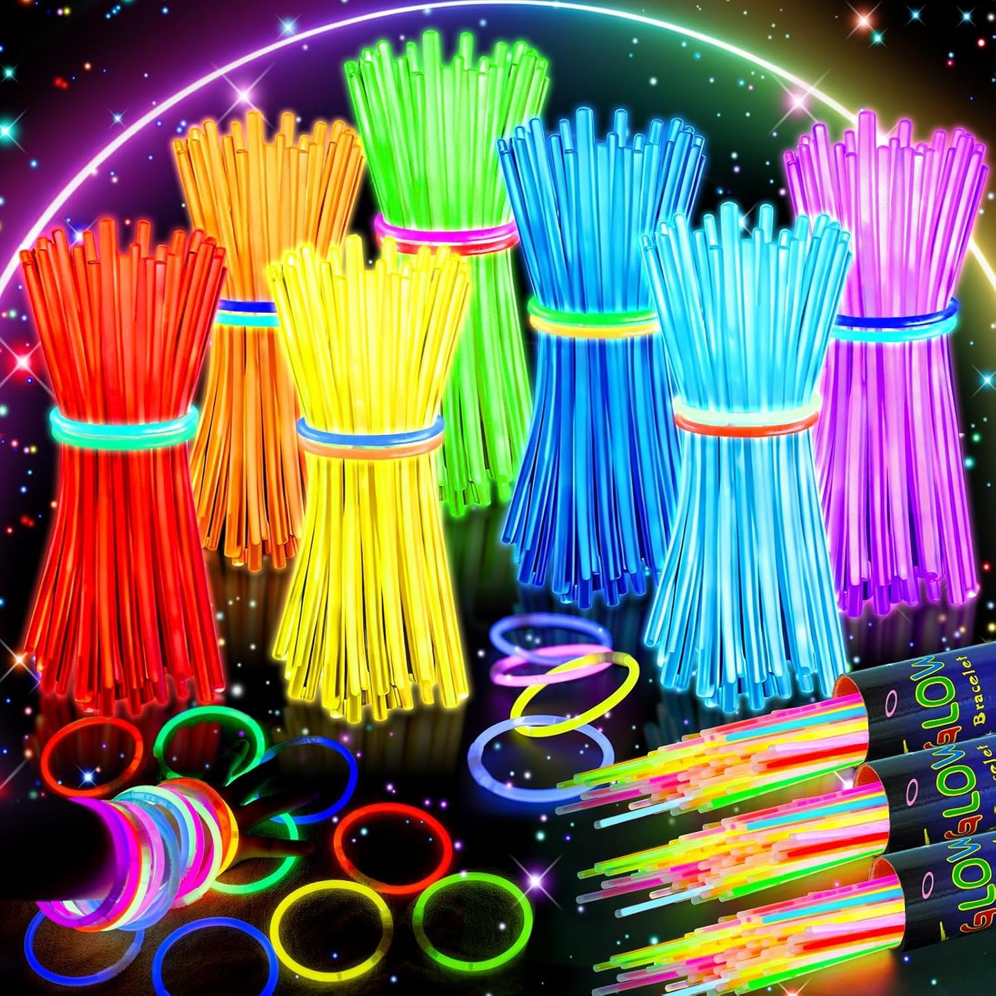 HONLYNE 100 Pack Glow Sticks Party Favors Bulk, 8" Glow in the Dark Party Supplies, Party Favors for Kids 8-12, Neon Glow Stick Bracelets & Necklaces for Raves, Halloween, Christmas, Birthdays