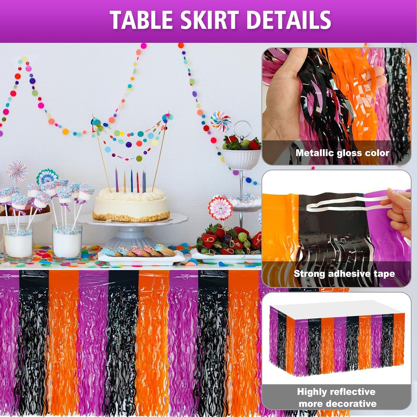 2 Pack 29.5x108 Inch Silver Foil Tinsel Fringe Table Skirts, Disposable Table Skirts for Rectangle Tables Curtains Backdrop Parade Wedding Floats Baby Shower Birthday Mardi Gras Party