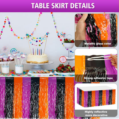 2 Pack 29.5x108 Inch Silver Foil Tinsel Fringe Table Skirts, Disposable Table Skirts for Rectangle Tables Curtains Backdrop Parade Wedding Floats Baby Shower Birthday Mardi Gras Party