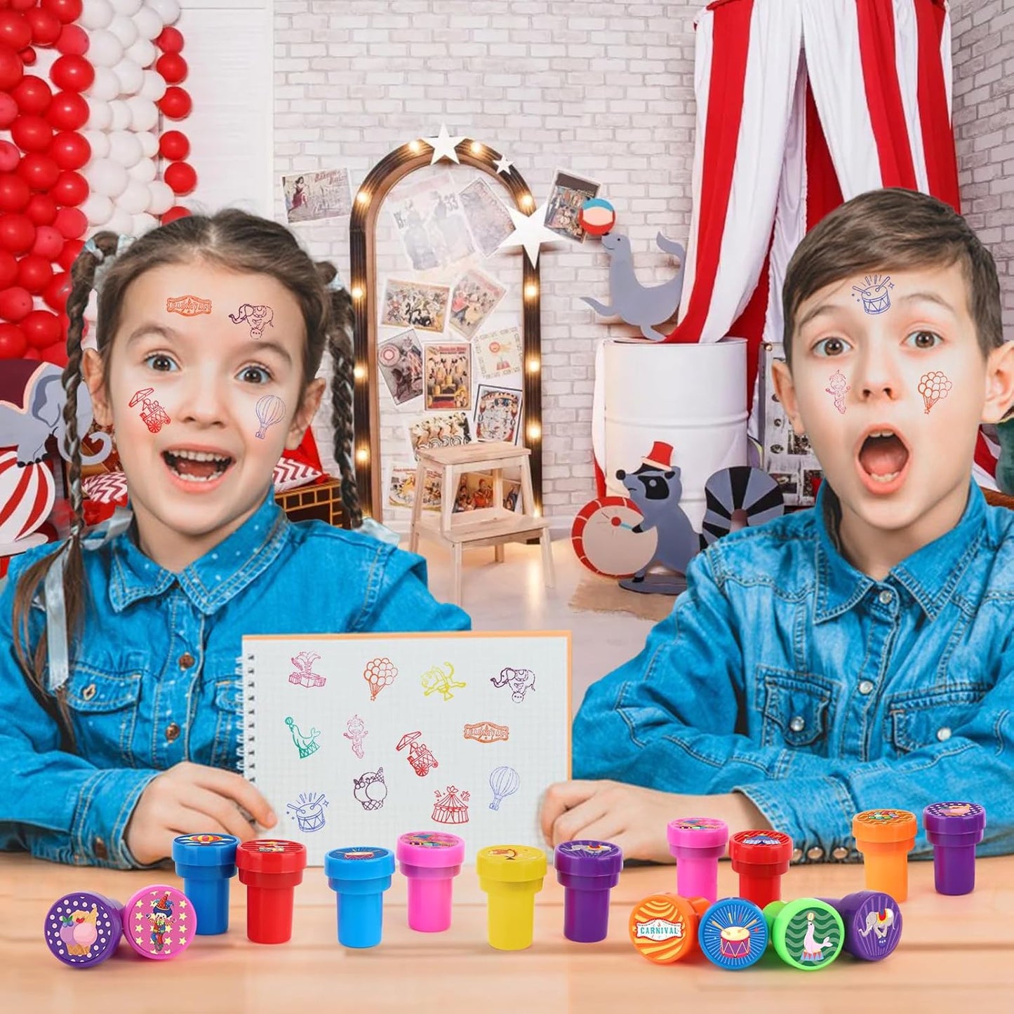 24 PCS Camp Party Favors Camping Adventure Mini Stamps Colorful Self Inking Stamps Camping Themed Party Favors for Boys Girls Student School Classroom Rewards Carnival Prizes Supplies