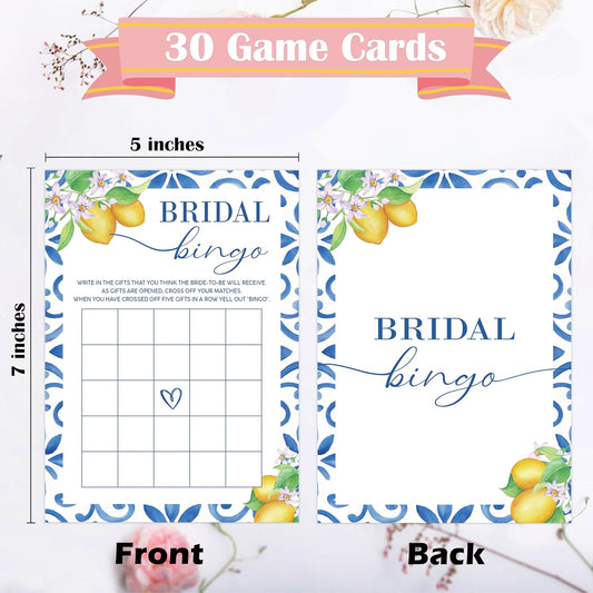 Mediterranean Lemon Bridal Shower Bingo Game with Blank Squares, Pack of 30 Game Cards, Bridal Shower Decorations, Wedding Engagement Decor, Bachelorette Party Supplies - KR30