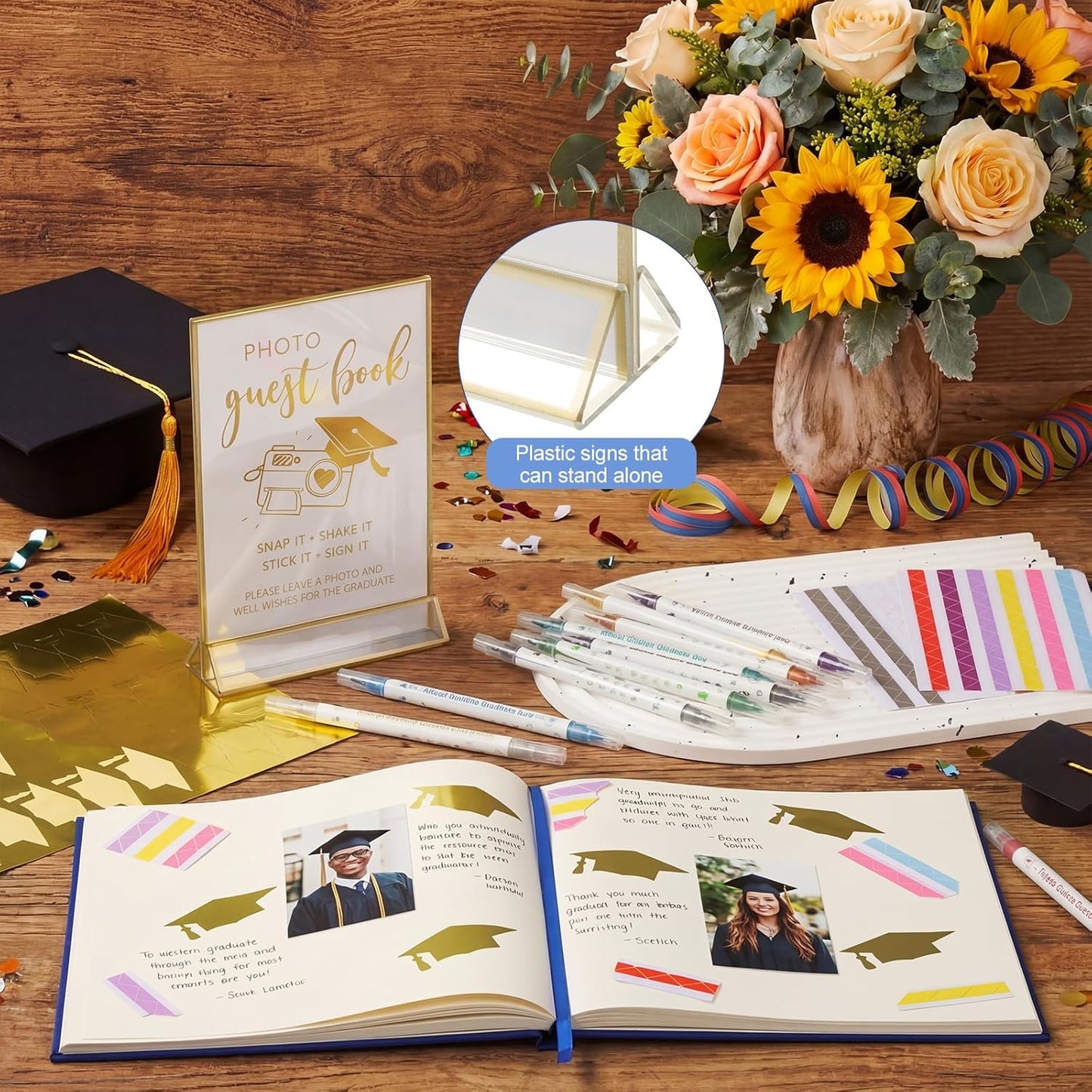 Pajean Graduation Guest Book Set Class of 2026 Memory Scrapbook with Photo Guest Book Sign Dual Tip Pens Photo Corner Stickers Grad Cap Stickers for Grad Party Decorations Supplies Gifts (Black)