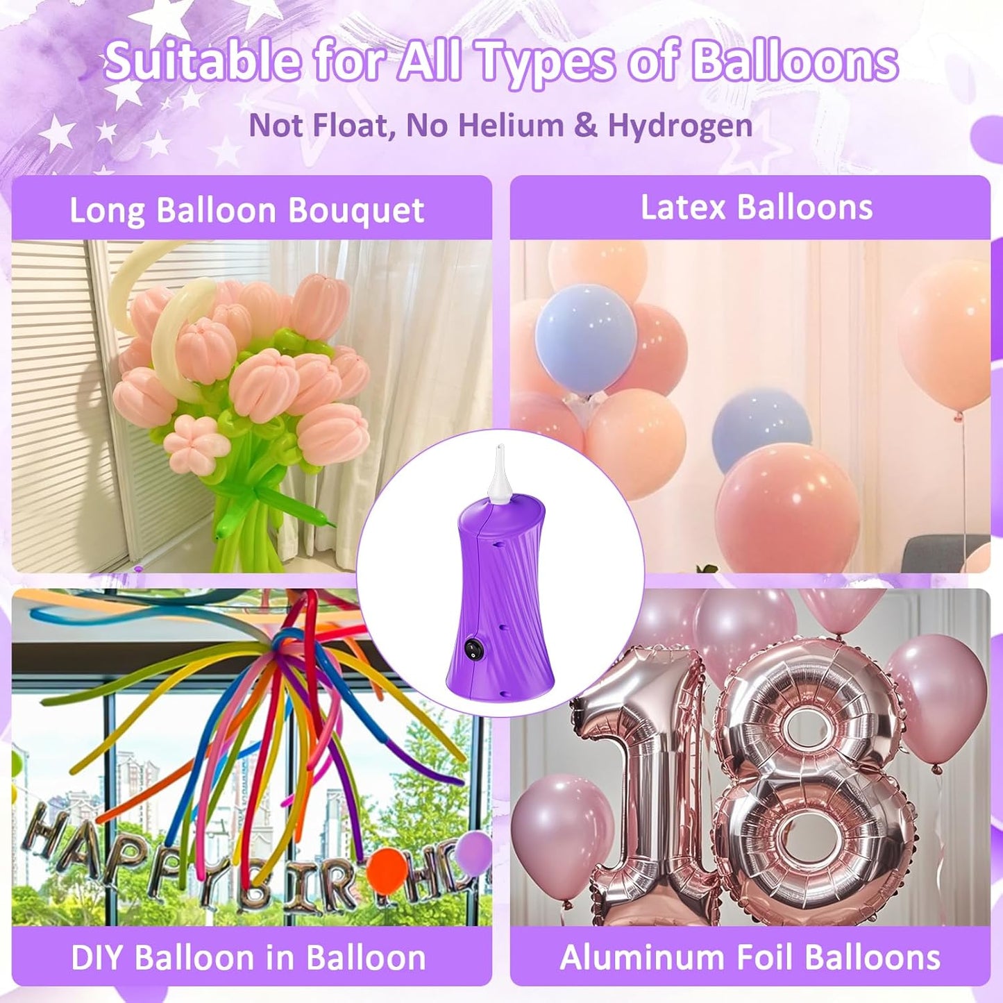 Balloon Pump Electric Balloon Pump Air Balloon Pump Balloon Blower Machine Portable Long Animal Blower Machine Blue/Orange/Pink/Purple Electric Balloon Pump Inflator for Party/Wedding/Birthday Decor