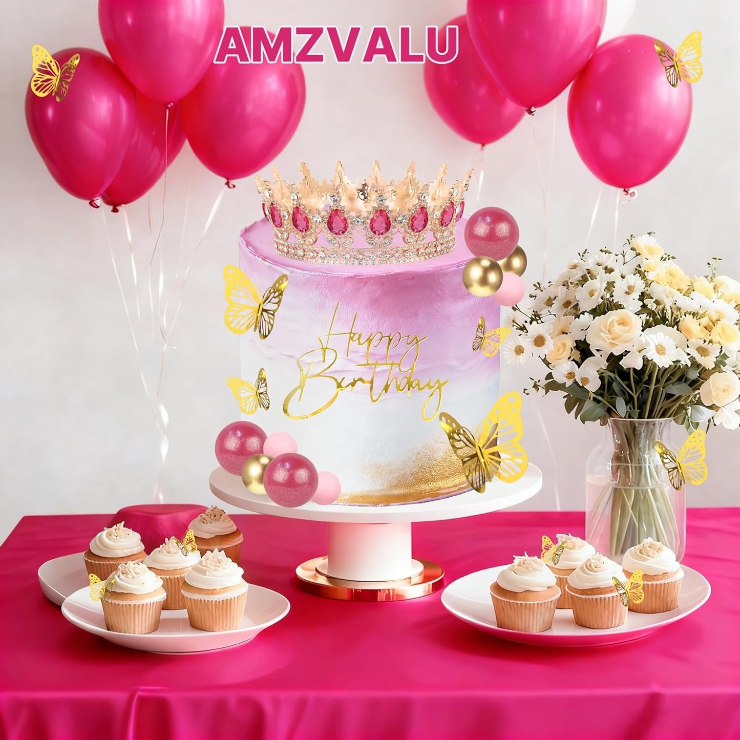 Crown Cake Topper, Balls Happy Birthday Cake Topper Pink Crown Birthday Candles Gold Butterflies, Corona Para Pastel, Cake Decorations for Birthday Wedding (Gold, Pink)