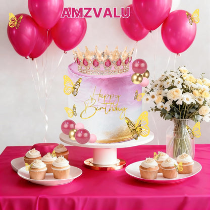 Crown Cake Topper, Balls Happy Birthday Cake Topper Pink Crown Birthday Candles Gold Butterflies, Corona Para Pastel, Cake Decorations for Birthday Wedding (Gold, Pink)