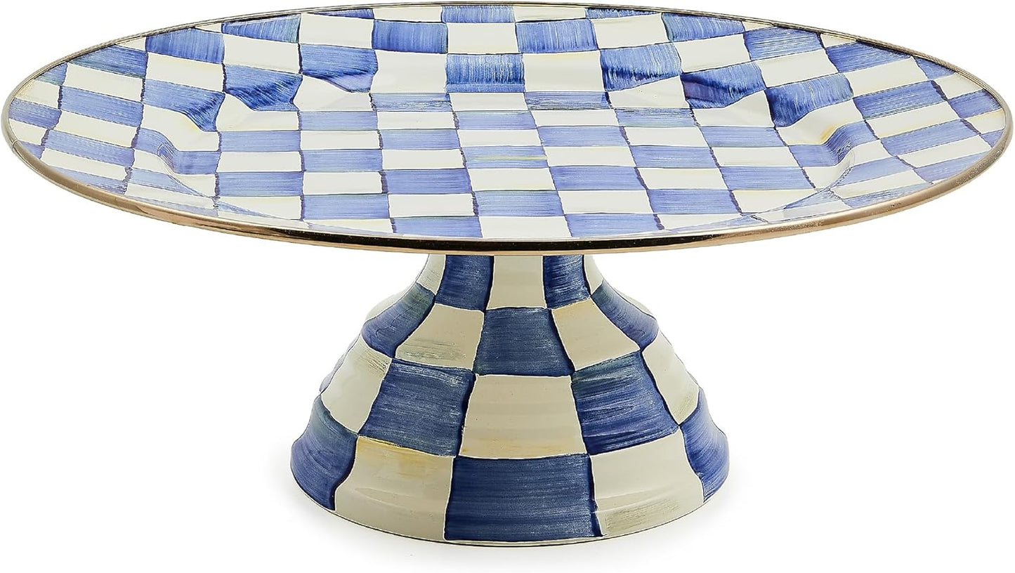 MACKENZIE-CHILDS Enamel Pedestal Platter, Round Cake Stand, Large, Black-and-White Courtly Check