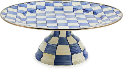 MACKENZIE-CHILDS Enamel Pedestal Platter, Round Cake Stand, Large, Black-and-White Courtly Check