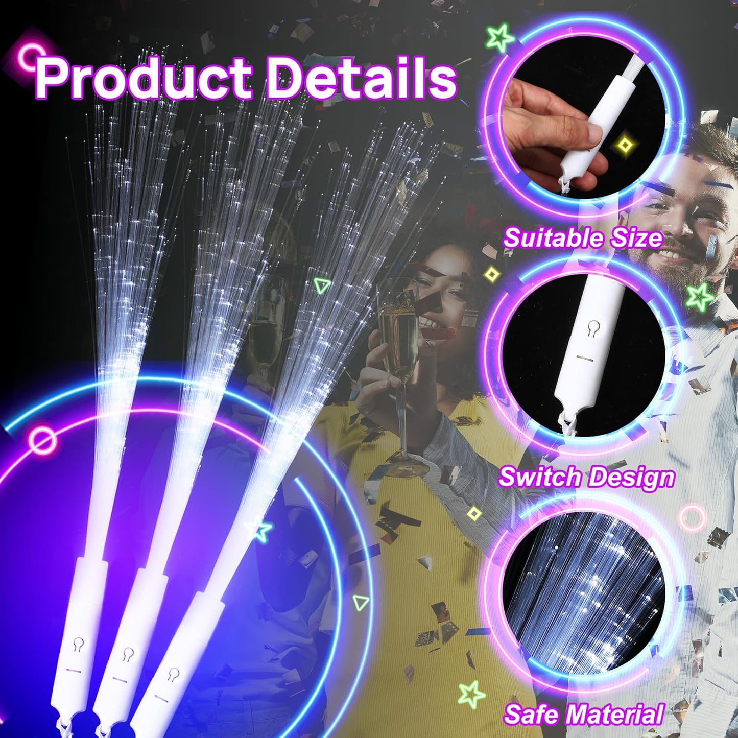 miikoul 16 Pcs Fiber Optic Wands White Glow Sticks LED Wedding Wand Light up Party Favor Sticks Flashing Wands with 3 Light Modes for neon Party Wedding Baby Shower Birthday Party Supplies