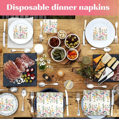 100Pcs Disposable Floral Paper Napkins Decorative Bathroom Napkins Guest Disposable Wild Flower Hand Towels Dinner Party Napkins for Wedding Birthday Party Baby Shower