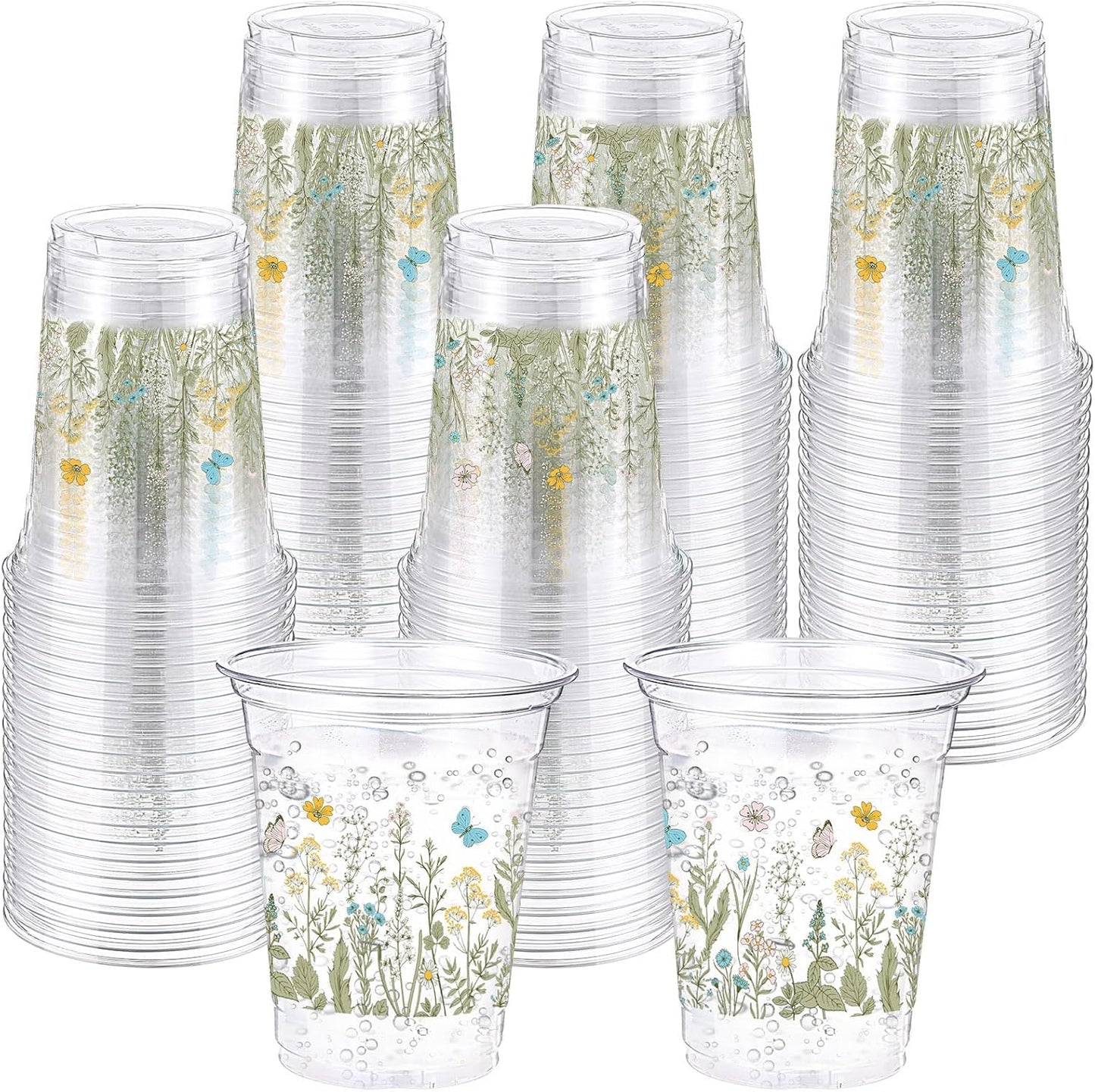 Hushee 60 Pcs Purple Floral Cups with Spring Summer Flower 16 oz Wildflowers Plastic Disposable Drinking Cups for Summer Spring Birthday Baby Shower Wedding Party Supplies