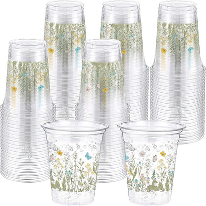 Hushee 60 Pcs Purple Floral Cups with Spring Summer Flower 16 oz Wildflowers Plastic Disposable Drinking Cups for Summer Spring Birthday Baby Shower Wedding Party Supplies