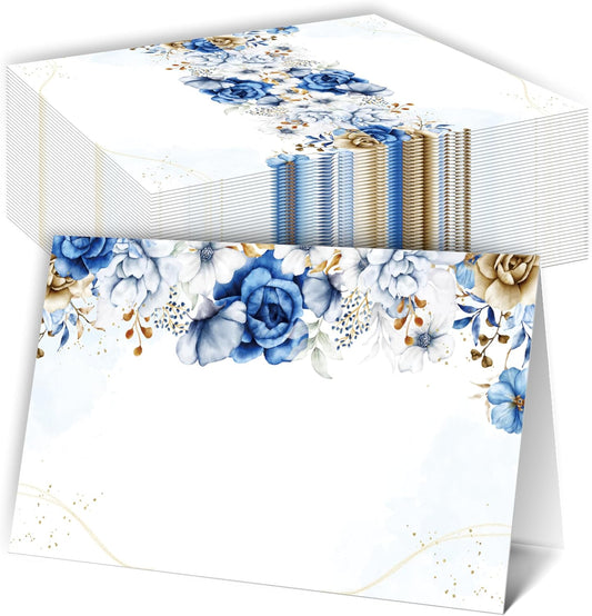Blue FLoral Place Cards, Watercolor Flower Name Card For Table Setting, 25 Food Table Tent Cards For Birthday Wedding Baby Shower Dinner Party, Food Name Labels Decorations -A08