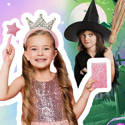 18Pcs Princess and Witch Party Favors with Star Ballpoint Star Pencil Witch Broom Ballpoints Broom Pencils Glitter Mini Spiral Notepads for Party Supplies Decorations