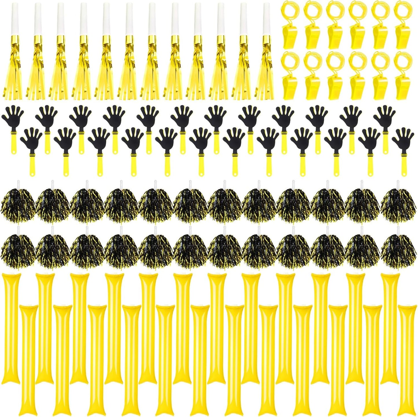 Yunsailing 96 Pcs Homecoming Noisemakers Team Spirit Accessories for Game Day Include Hand Clappers Cheerleading Pom Pom Thunder Stick Cheer Party Blower Plastic Whistle for Sport Fans(Gold)