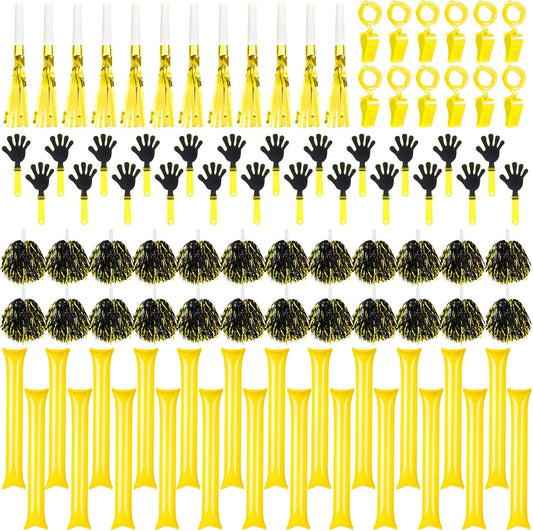 Yunsailing 96 Pcs Homecoming Noisemakers Team Spirit Accessories for Game Day Include Hand Clappers Cheerleading Pom Pom Thunder Stick Cheer Party Blower Plastic Whistle for Sport Fans(Gold)