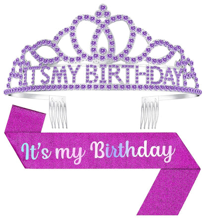 Birthday Tiara and Crown with Sash, Birthday Tiara for Women Party Silver