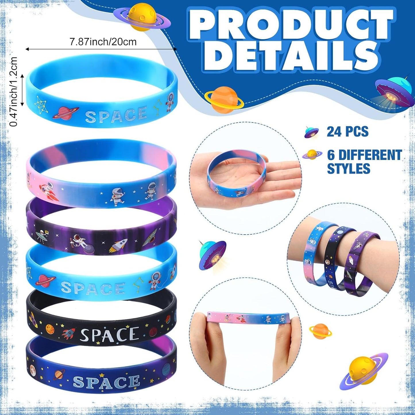 Realspring 48 Pcs Outer Space Party Favors 24 Space Slap Bracelets 24 Silicone Wristbands Galaxy Astronaut Bracelets Bulk for Kids Classroom Rewards Stars Solar System Planet Birthday Party Supplies