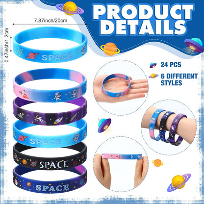 Realspring 48 Pcs Outer Space Party Favors 24 Space Slap Bracelets 24 Silicone Wristbands Galaxy Astronaut Bracelets Bulk for Kids Classroom Rewards Stars Solar System Planet Birthday Party Supplies