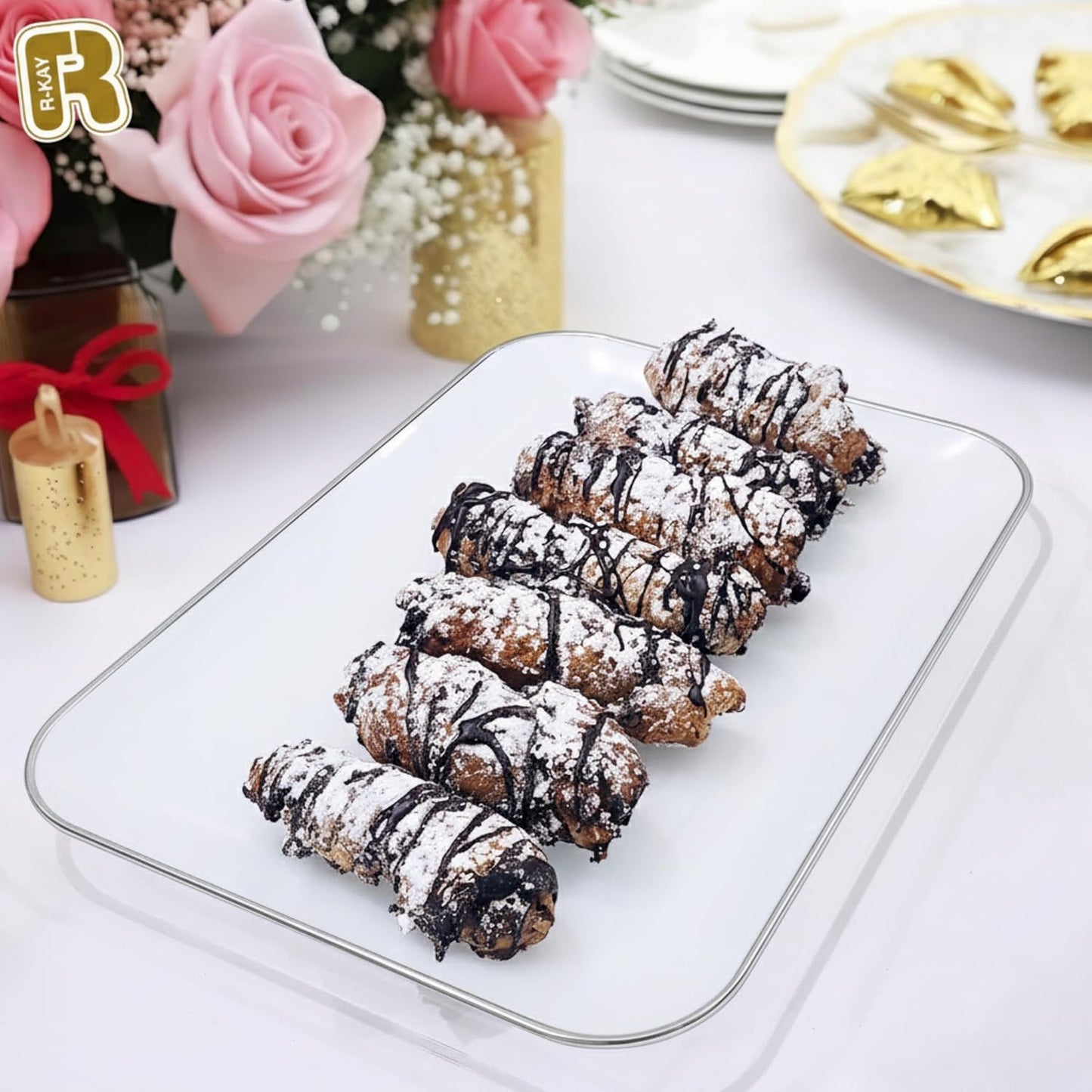3 Pack Plastic Serving Trays for Party - Gold Serving Tray 8 x 11 Inch - Heavy Duty Dessert Trays for Food - Rectangular Party Serving Trays for Entertaining - Clear Cookie Platters