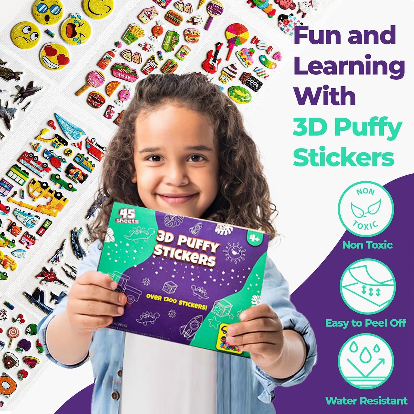 Puffy Stickers for Kids 45 Sheets - 3D Puffy Sheets - 1300+ Kids Stickers - Perfect for Party Bag Fillers, Sticker for Scrapbooking, Fun with Sticker of Cars, Letters, Numbers, Dinosaur, Stars & More