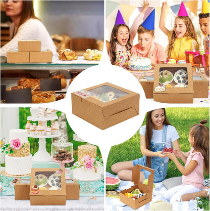 OAMCEG 50 PCS Cupcake Boxes with Window, 6x6x3 Inch Cookie Boxes, Bakery Treat Boxes for Pastry, Dessert, Chocolate Strawberries, Cupcake Containers, Gift Giving with Stickers & Twine （Brown）