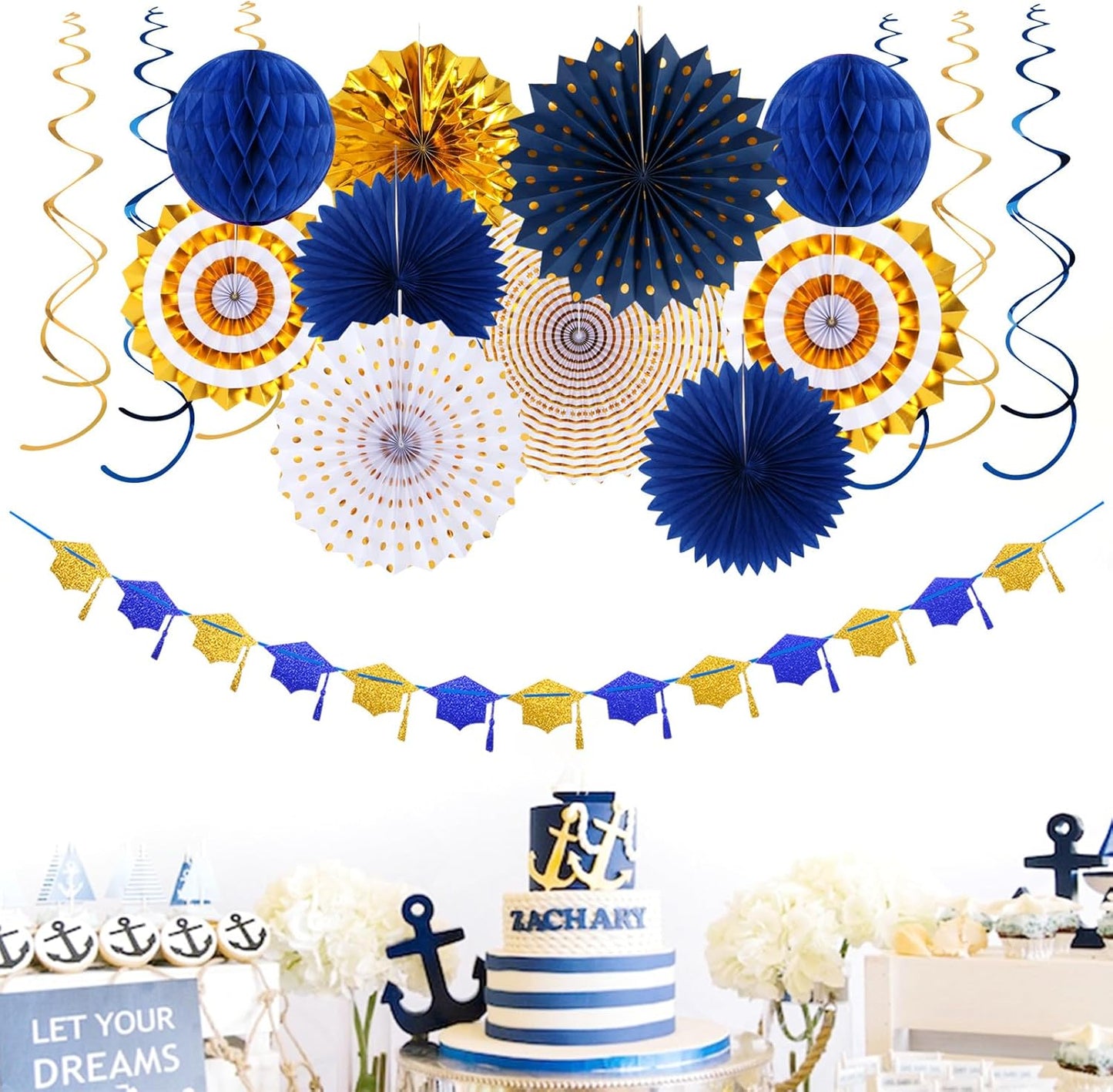 Navy-Blue White Silver Tissue Pom-Poms - 15pcs 5 Size Party Decorations Paper Flowers,Graduation Wedding Baby Bridal Shower Room Hanging Decorations Boy Birthday Party Backdrop Decor Panduola