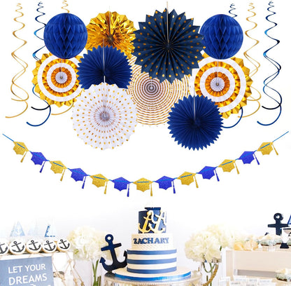 Navy-Blue White Silver Tissue Pom-Poms - 15pcs 5 Size Party Decorations Paper Flowers,Graduation Wedding Baby Bridal Shower Room Hanging Decorations Boy Birthday Party Backdrop Decor Panduola
