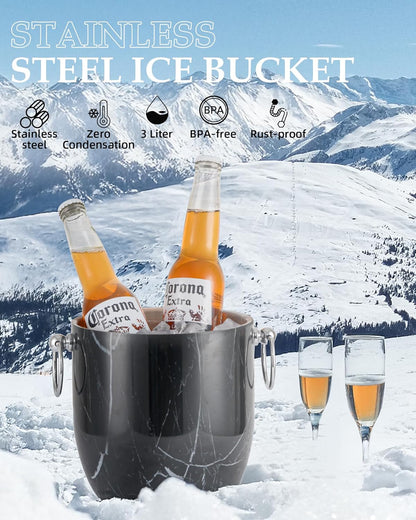 Insulated Ice Bucket, 3L Double Wall Stainless Steel Ice Bucket with Tongs,Lid, Scoop and Strainer, Ice Buckets for Parties,Cocktail Bars, Chilling Beer, Champagne, Wine Bottles,Wood