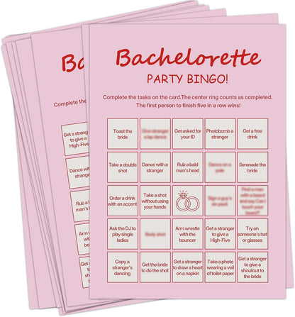 Bachelorette Party Bingo Cards, 25 Unique Sheets, Fun Bridal Shower Game for Guests, Pink Party Activity Celebration