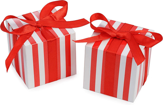 AWELL Small Candy Box Bulk 2x2x2 inch with Ribbon, Gold White Strips Box Party Favors Pack of 50