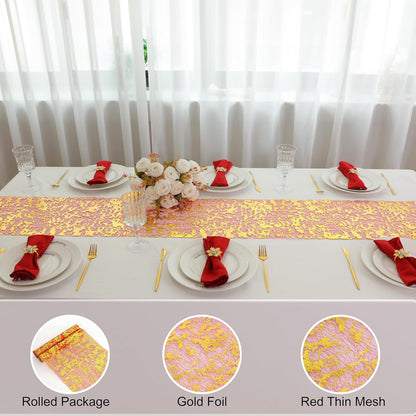 Snowkingdom 2 Pieces Gold Table Runner, Sequin Glitter Foil Metallic Thin Mesh Runner Roll 11"x108", Gold Table Decorations for Event Party, Wedding, Birthday Party, Christmas