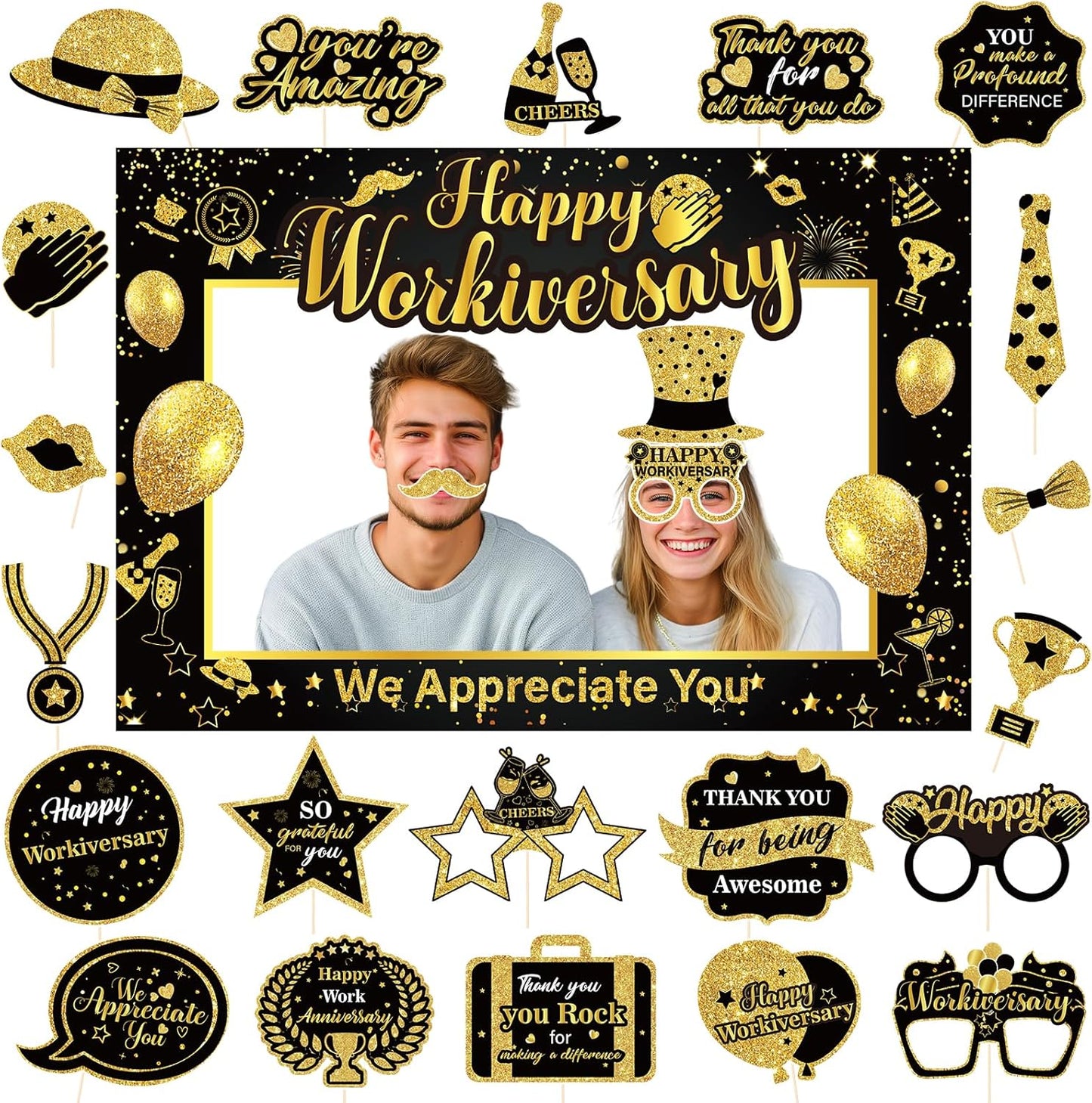 We Appreciate You Thank You Decorations Happy Work Anniversary Decorations Black Gold Selfie Photo Frame & 25pcs Photo Booth Props for Employee Staff Teacher Doctor Graduation Party Decor Supplies