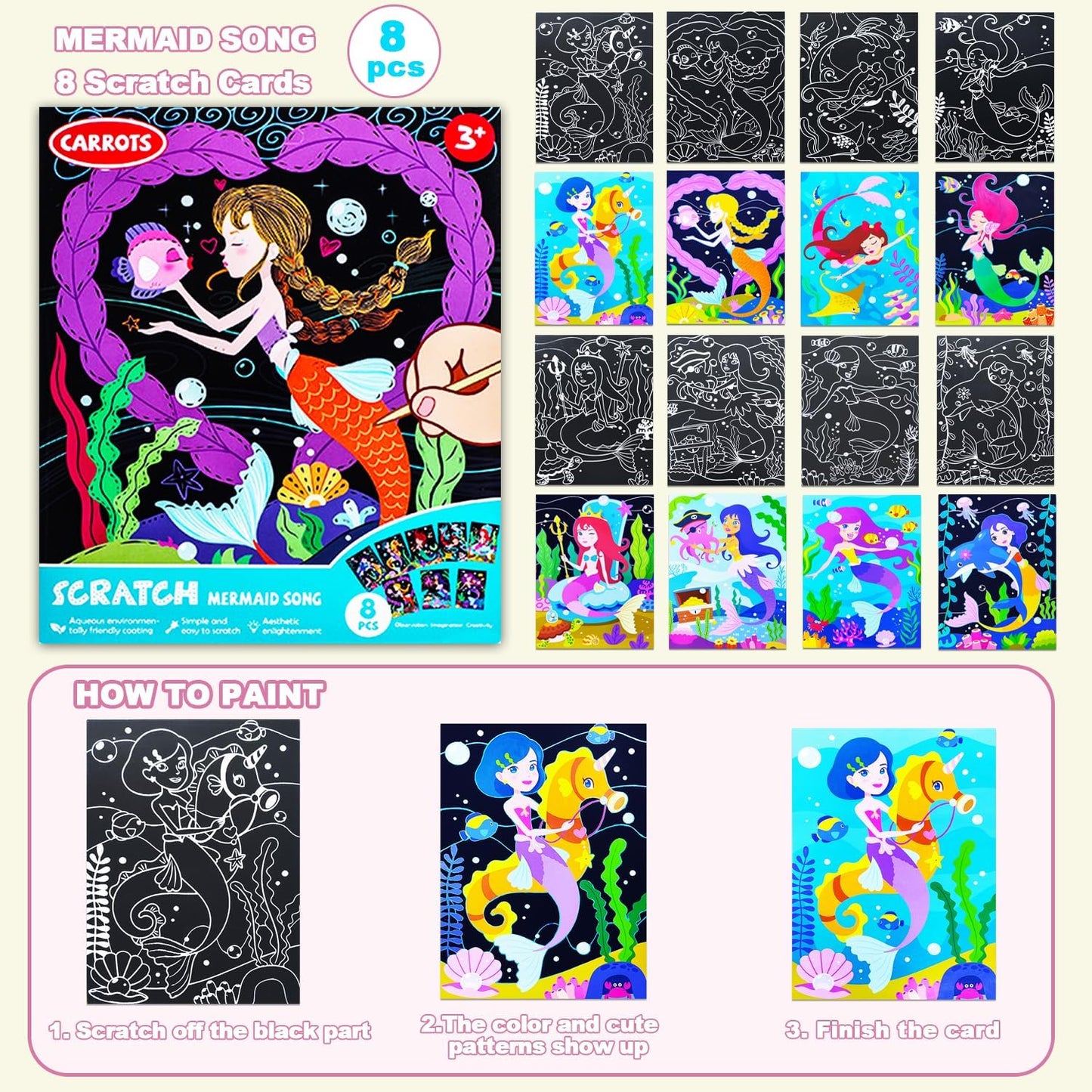 BAOXUE Scratch Art for Kids, Mermaids Black Rainbow Scratch Paper Set-Arts And Crafts & Supplies, DIY Activity & Party Games, Mermaid Toys Gifts for Toddlers, Girls