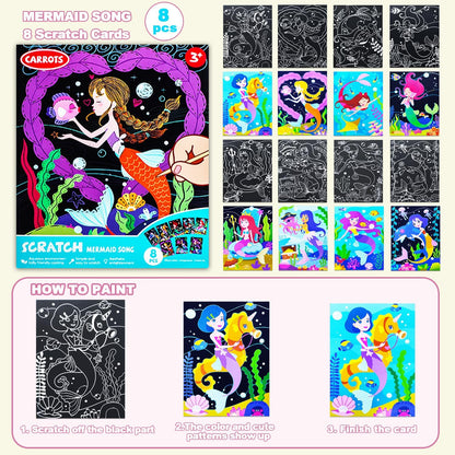 BAOXUE Scratch Art for Kids, Mermaids Black Rainbow Scratch Paper Set-Arts And Crafts & Supplies, DIY Activity & Party Games, Mermaid Toys Gifts for Toddlers, Girls