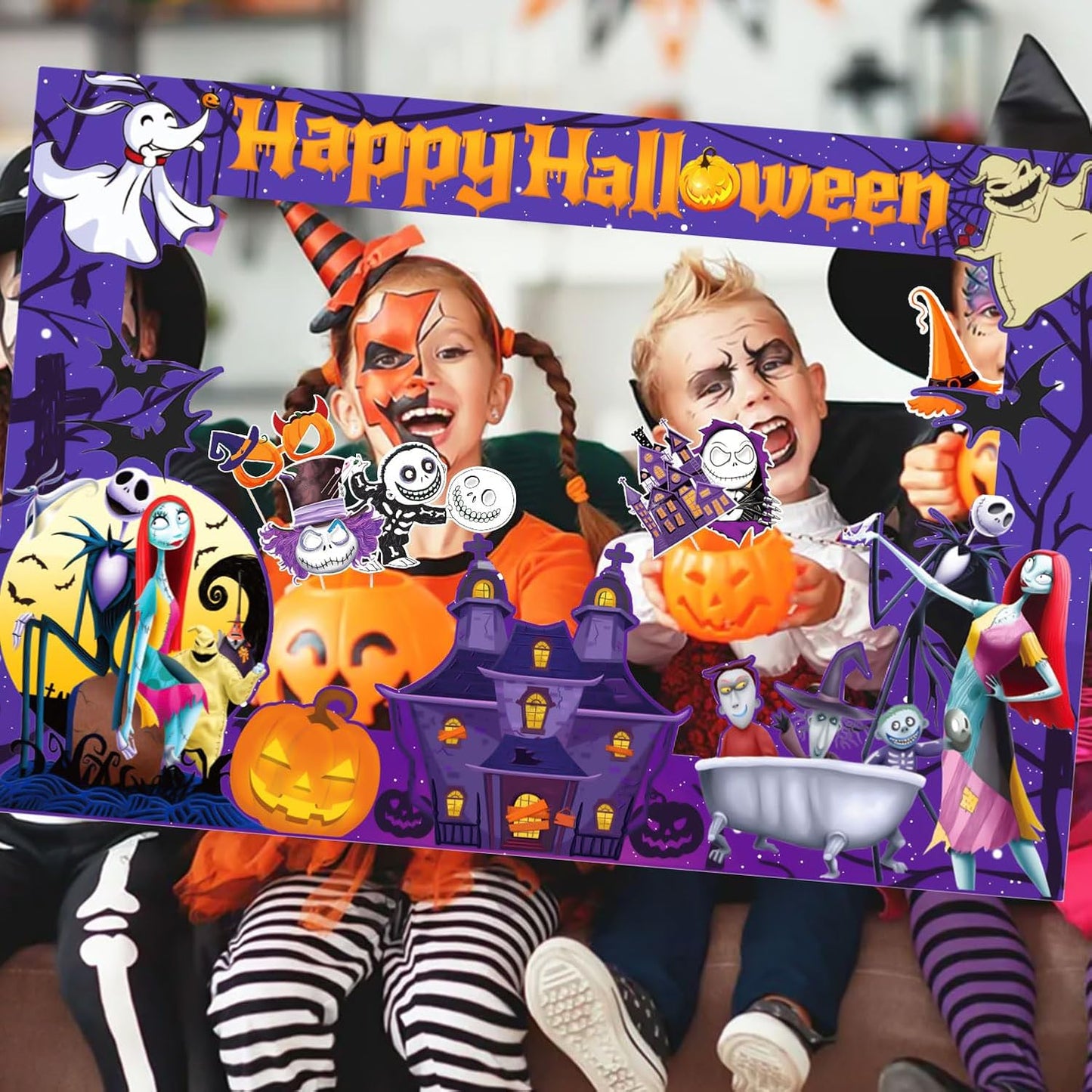 Halloween Photo Booth Props Kit, 16PCS Photo Props & Selfie Frame Halloween Party Decoration Supplies Dress Up Party Costumes Accessories for Photoshoot Selfie Props (Orange)