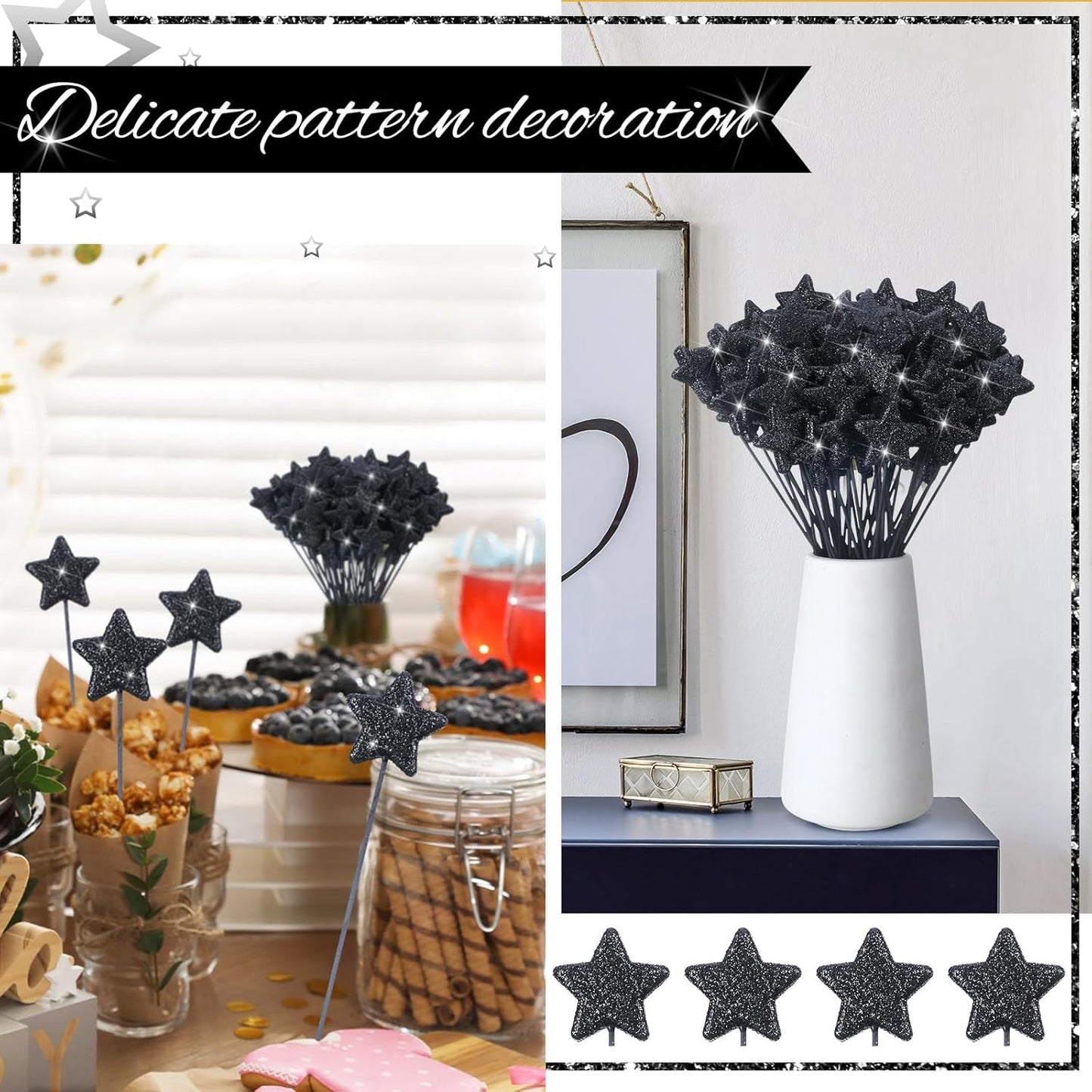 Suzile 60 Pcs Golden Star Floral Pick 8'' Star Centerpiece Table Decor Gold Glitter Craft Stick Sparkly Foam Stem for Floral Arrangement Wreath Wedding Bridal Baby Shower Birthday Stars Arrangement