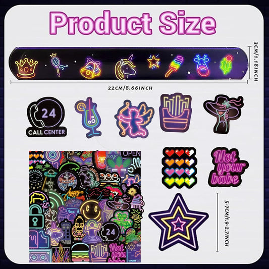 74PCS Neon Party Favor Pack 24PCS Neon Slap Bracelets & 50PCS Neon Vinyl Stickers, Retro Neon Icon Designs, Birthday Party Decorations Supplies, Goodie Bag Fillers