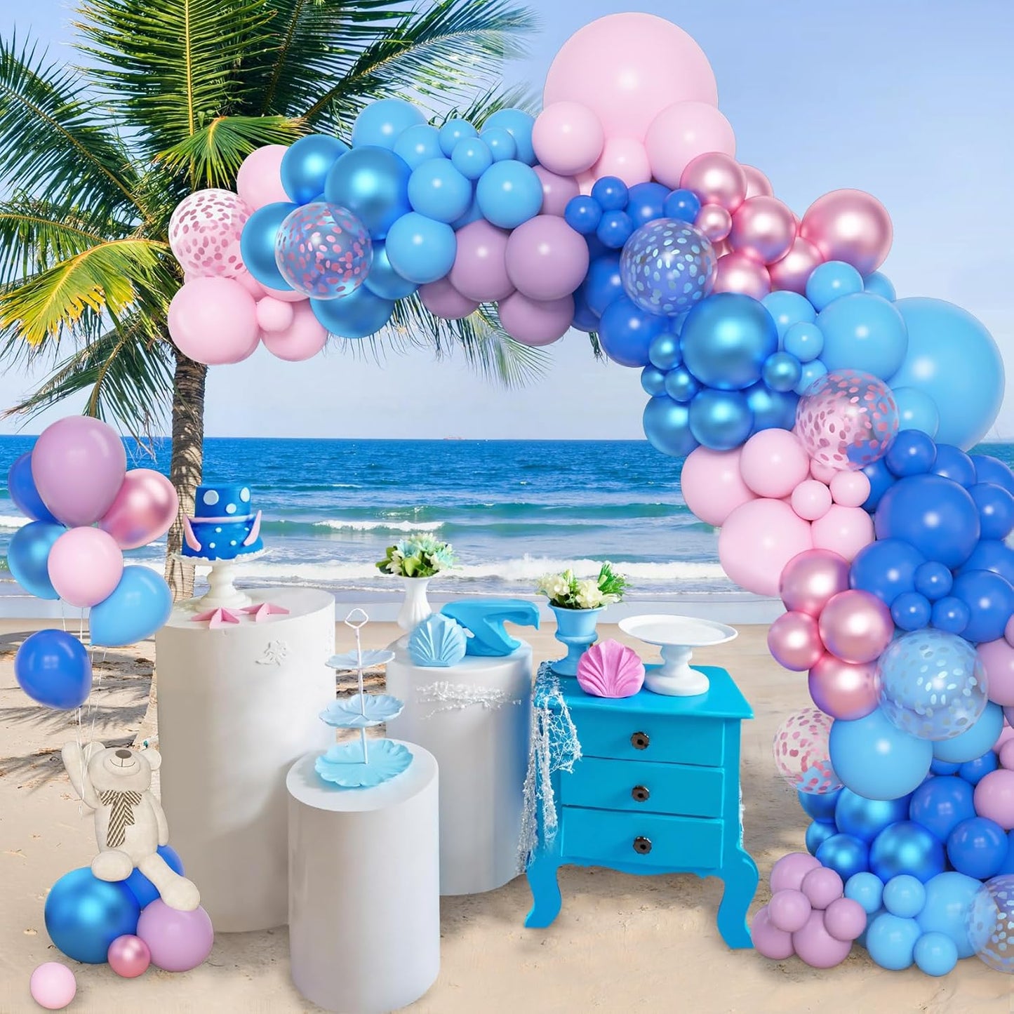 Amandir 153pcs Purple Blue Pink Balloon Garland Arch Kit, Different Sizes 18 12 10 5 inch Teal Yellow Latex Metallic Confetti Balloons for Magic Birthday Engagement Party Decoration