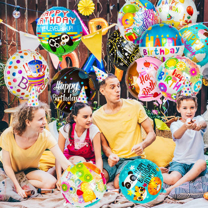 100 Pcs Happy Birthday Foil Balloons, 18IN Round Birthday Mylar Balloons for Party Decoration Supplies (20 Style)
