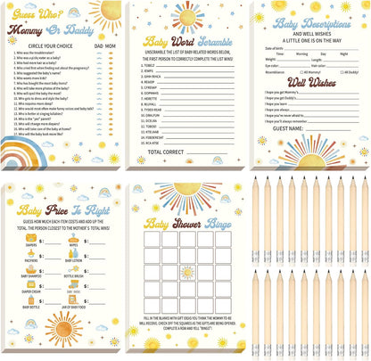 Yinder 145 Pcs Baby Shower Games Activities Cards with 20 Pencils Includes Baby Bingo Description and Wishes Guess Who Price is Right Word Scramble Game(Here Comes the Son)