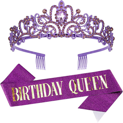 Happy Birthday Queen Tiara Crowns for Women, Red Sash, Party Favors Supplies Gift, 30th Decorations, Stuff Accessories